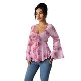 Floral Bow Flare Sleeve Crop Top