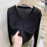 Knitted air-conditioning shirt, sunscreen shirt, women's bamboo knuckle hemp cardigan, long-sleeved spring and summer thin outer with short V-neck shawl top