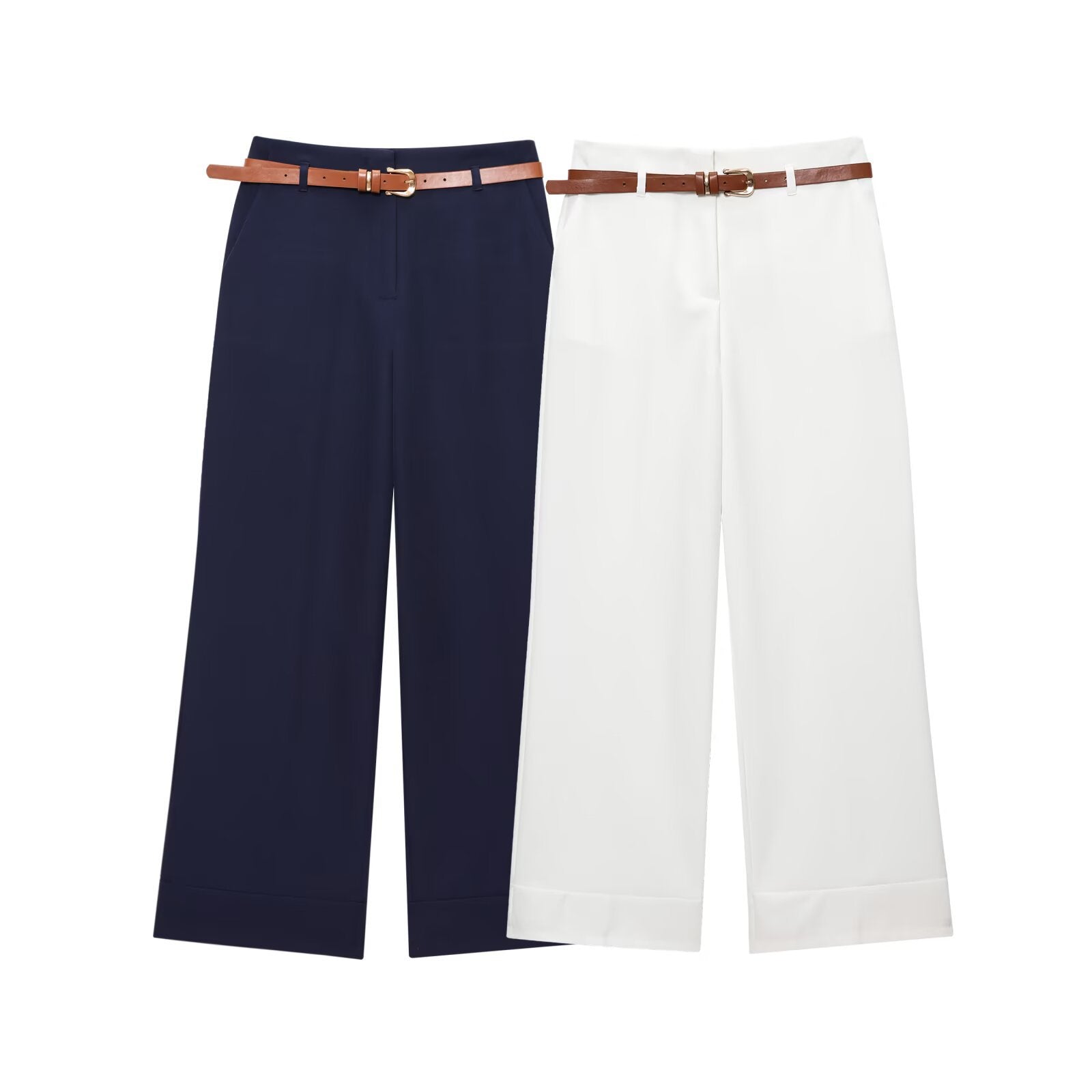 Belted Turn-Up Straight Leg Trousers
