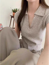 Knitted Polo Collar Short Sleeve Top