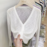 Knitted air-conditioning shirt, sunscreen shirt, women's bamboo knuckle hemp cardigan, long-sleeved spring and summer thin outer with short V-neck shawl top