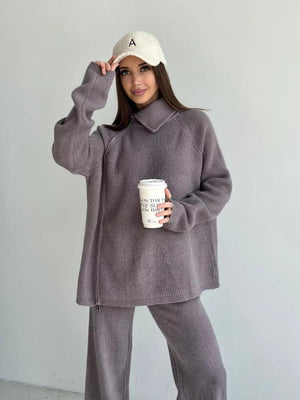 High collar zipper knitted sweater women's suit, stylish wide - leg two - piece suit - Negative Apparel