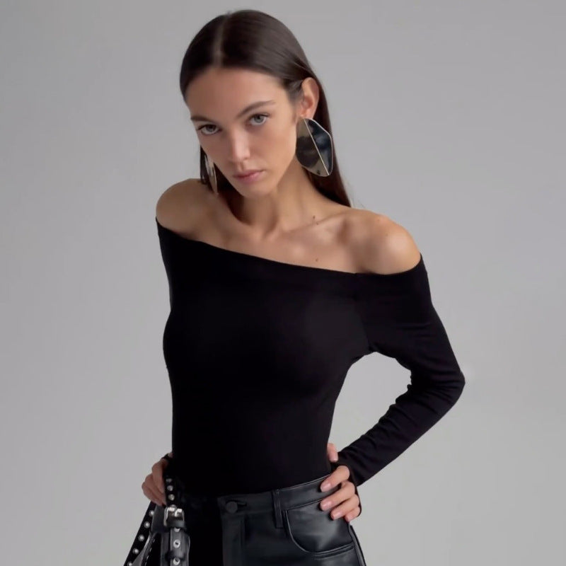 Basic simple solid color one-word collar off-the-shoulder bottoming T-shirt