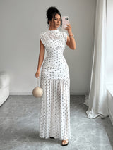 Polka Dot Pleated Sleeveless Maxi Dress