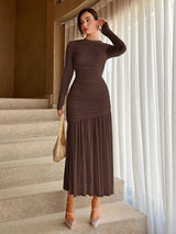 Pleated Mesh Long Sleeve Maxi Dress