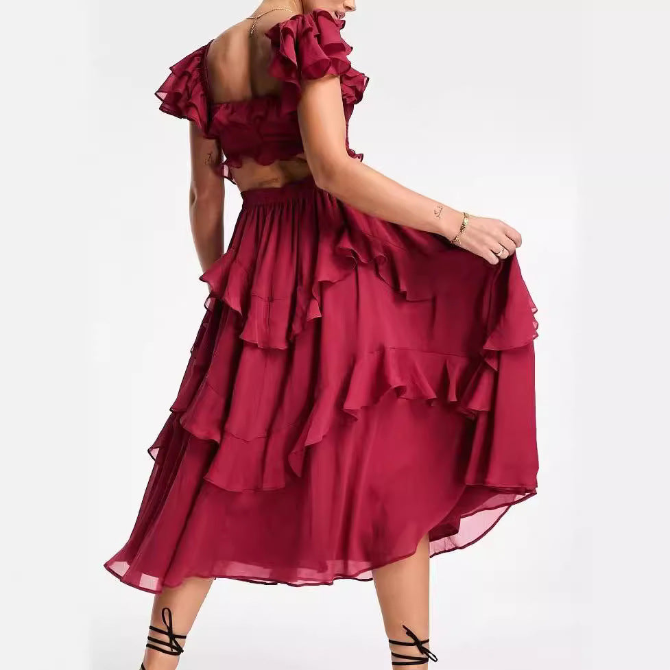 Lace halter hollow cake skirt ruffle edge pleated dress