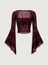 Flocked Floral Mesh Flare Sleeve Top