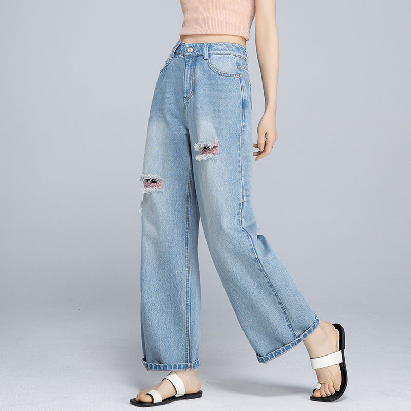 Xinge High Street Blue and Pink Ripped Jeans Women's High Waist Skinny Tencel Cotton Thin Boyfriend Style Casual Wide Leg Pants