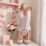 White Eyelash Lace Corset Garter and Thong Set