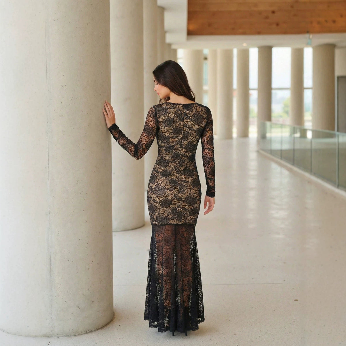 Square Neck Lace Long Sleeve Evening Dress