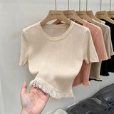 Tassel Hem Cool Knit Short Sleeve Top