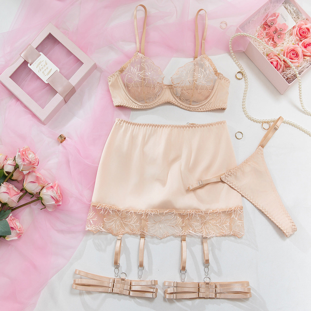 Champagne Embroidered Three Piece Bra Set