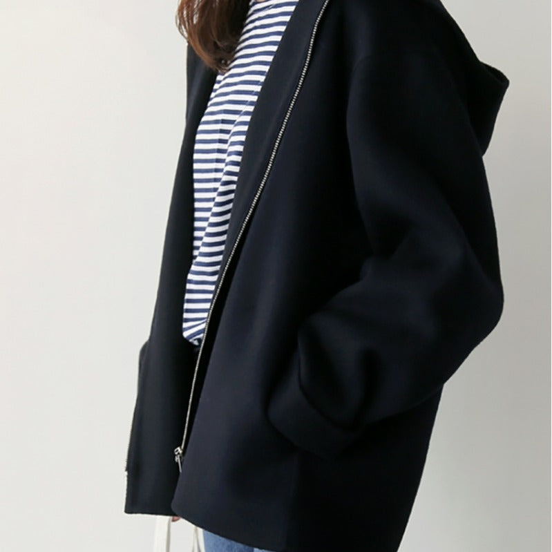Women’s Japanese-Style Hooded Wool Jacket – Loose Fit Zipper Coat | Winter 2025 Casual Outerwear