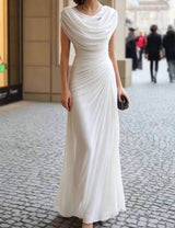 Draped Neck Pleated Midi Dress