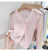 Knitted air-conditioning shirt, sunscreen shirt, women's bamboo knuckle hemp cardigan, long-sleeved spring and summer thin outer with short V-neck shawl top