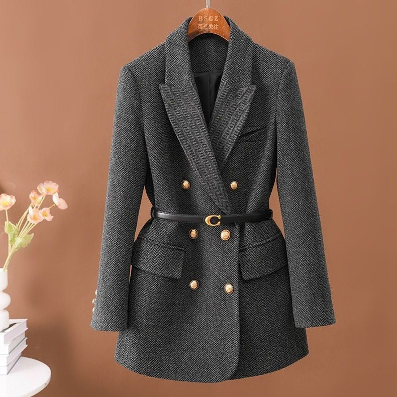 Women’s Double-Breasted Blazer with Free Belt – Slim Fit Long Small Suit | Elegant POLO Collar Commuter Style