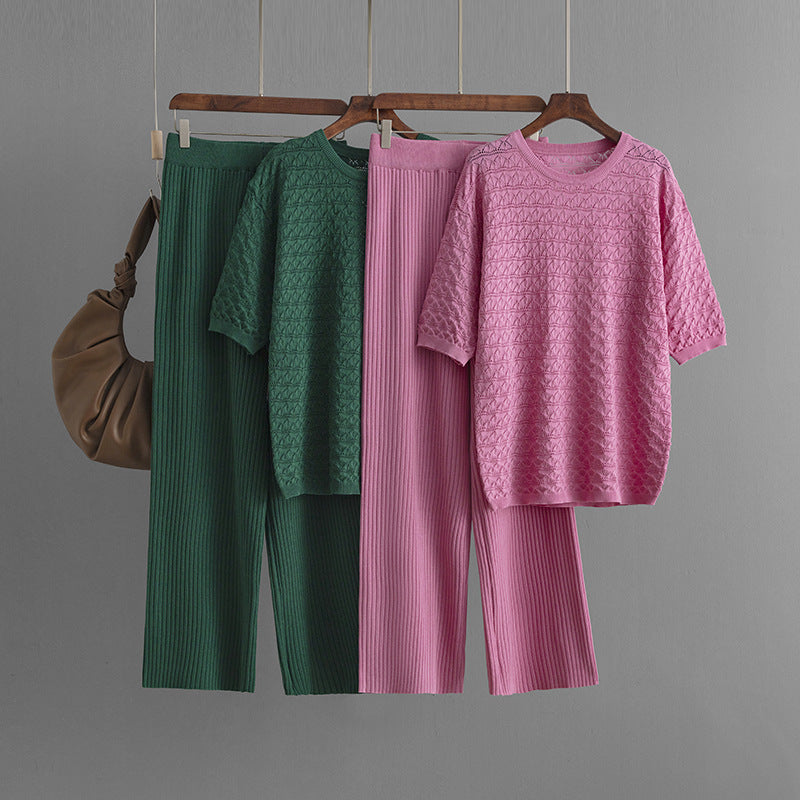 Summer new solid color hollow casual round neck fashion suit short sleeve trousers knitted two-piece set