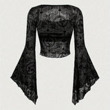 Flocked Floral Mesh Flare Sleeve Top