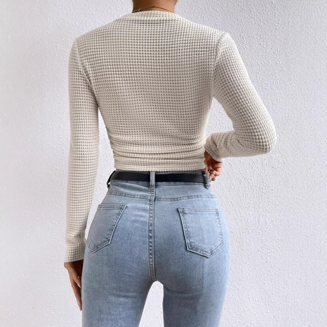 Pleated Round Neck Long Sleeve Top