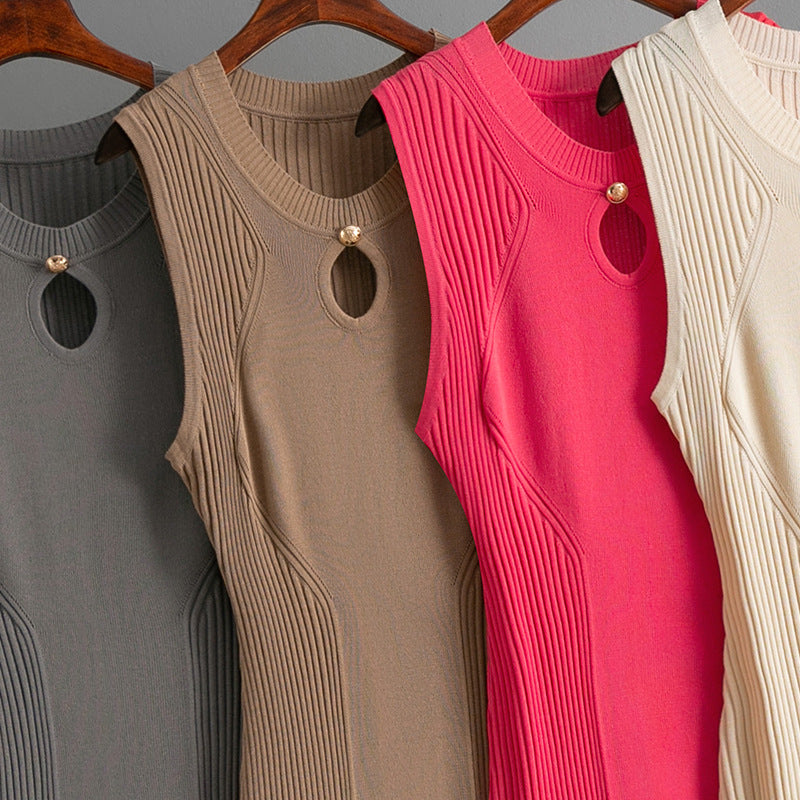 Summer round neck sleeveless ice silk knitted dress slim temperament solid color bottoming skirt medium and long