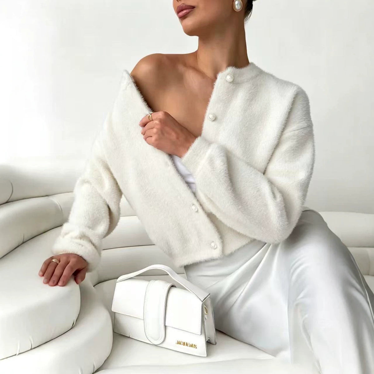 Faux Mink Pearl Button Cardigan