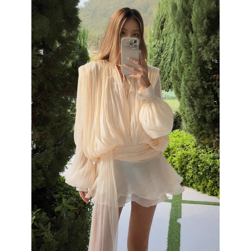Pleated Mesh Puff Sleeve Mini Dress