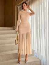 Pleated Mesh Long Sleeve Maxi Dress