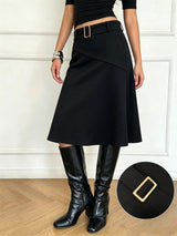 Belted Asymmetric A-Line Midi Skirt