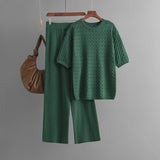 Summer new solid color hollow casual round neck fashion suit short sleeve trousers knitted two-piece set