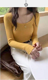 Square Neck Ribbed Knit Long Sleeve Top