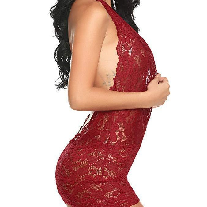 Cross-Border Supply European and American Export Sexy Lingerie Sexy Lace Hollow Hip-Covering Halterneck Women's Nightgown Wholesale