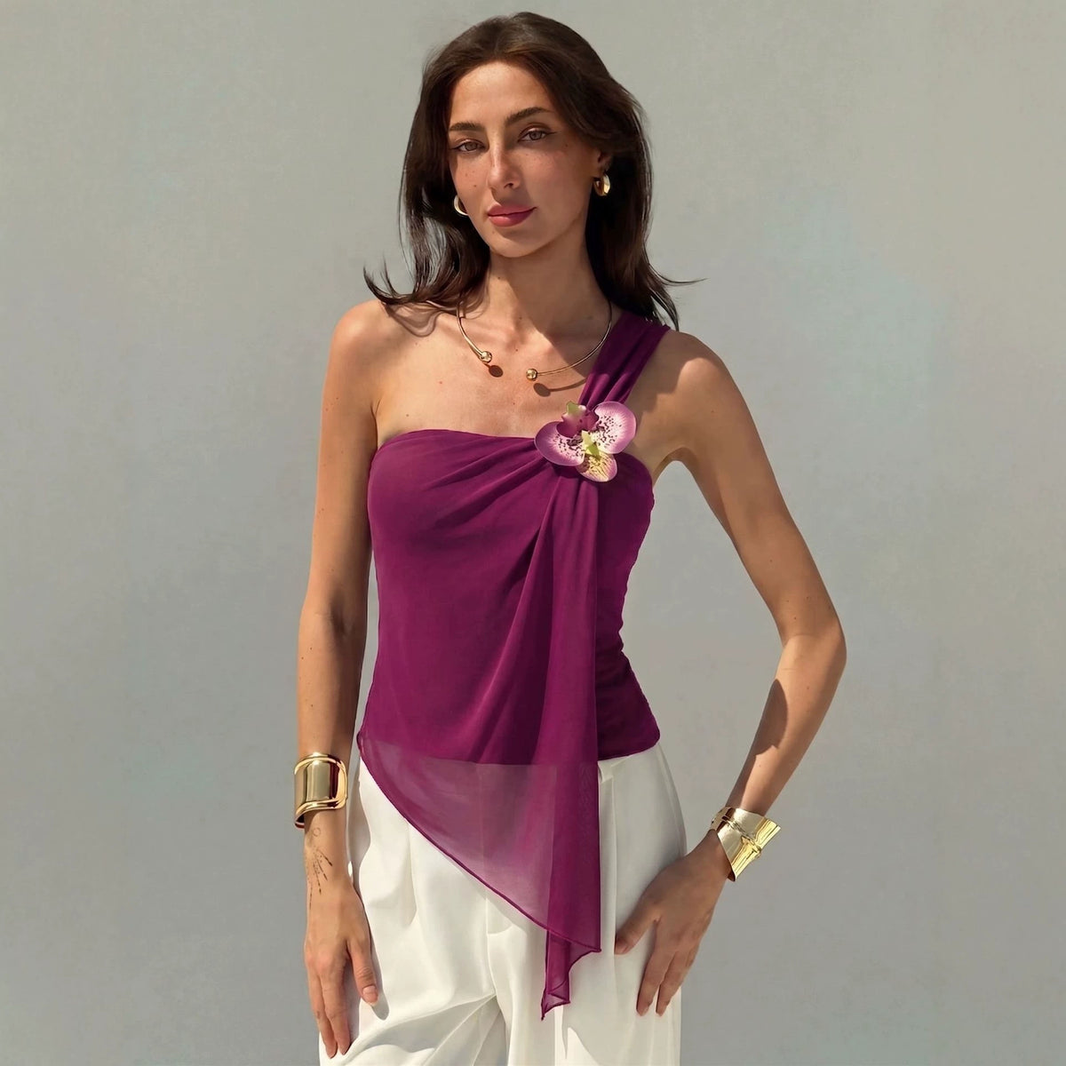One Shoulder Mesh Flower Vest Top