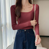 Square Neck Ribbed Knit Long Sleeve Top