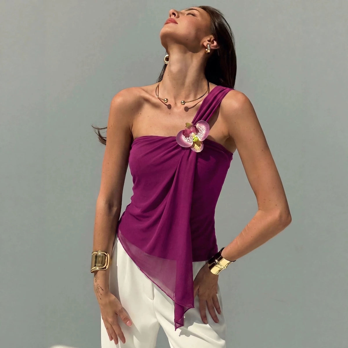 One Shoulder Mesh Flower Vest Top