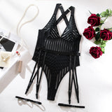 Striped Mesh Backless Bodysuit