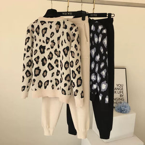 Leopard print pullover long - sleeved sweater + simple skinny pants suit - Negative Apparel