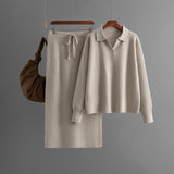 Polo Collar Knit Top and Midi Skirt Set