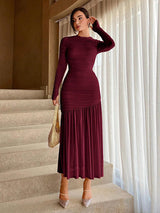 Pleated Mesh Long Sleeve Maxi Dress