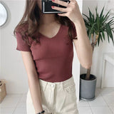 Short-sleeved t-shirt women's 2023 spring and summer new women's clothing half-sleeved slim-fitting V-neck knitted bottoming shirt short top
