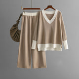 V Neck Contrast Knit and Wide Leg Set