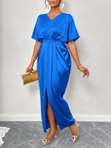 Satin V-Neck Side Split Maxi Dress