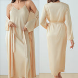 The Satin Elegance | Solid Color Long-Sleeve Slip Dress & Robe Two-Piece Set