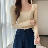 Square Neck Ribbed Knit Long Sleeve Top