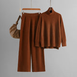 Turtleneck Slit Hem Knit Trouser Set