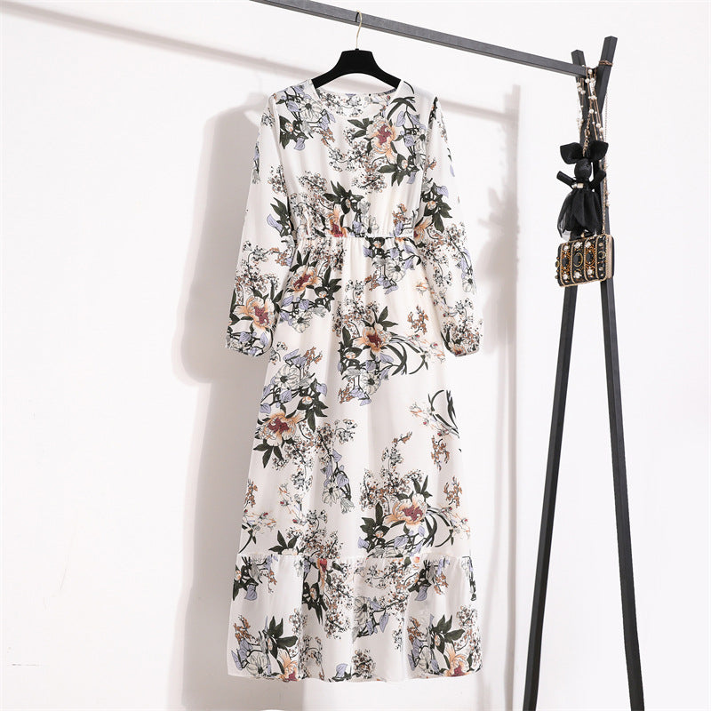 The Blooming Ease | Floral Crew Neck Bubble-Sleeve Long Dress