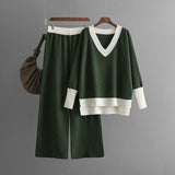 V Neck Contrast Knit and Wide Leg Set