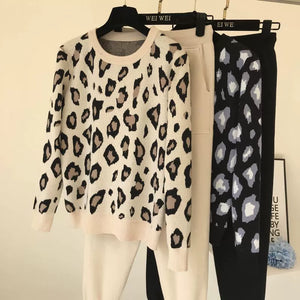 Leopard print pullover long - sleeved sweater + simple skinny pants suit - Negative Apparel