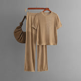 Summer casual fashion versatile round neck solid color short-sleeved loose knitted hollow wide-leg pants two-piece set