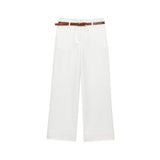 Belted Turn-Up Straight Leg Trousers