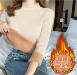 One-piece fleece fleece thickened slim-fit sweater women's autumn and winter mid-neck semi-turtleneck knitted bottoming shirt mink thermal top